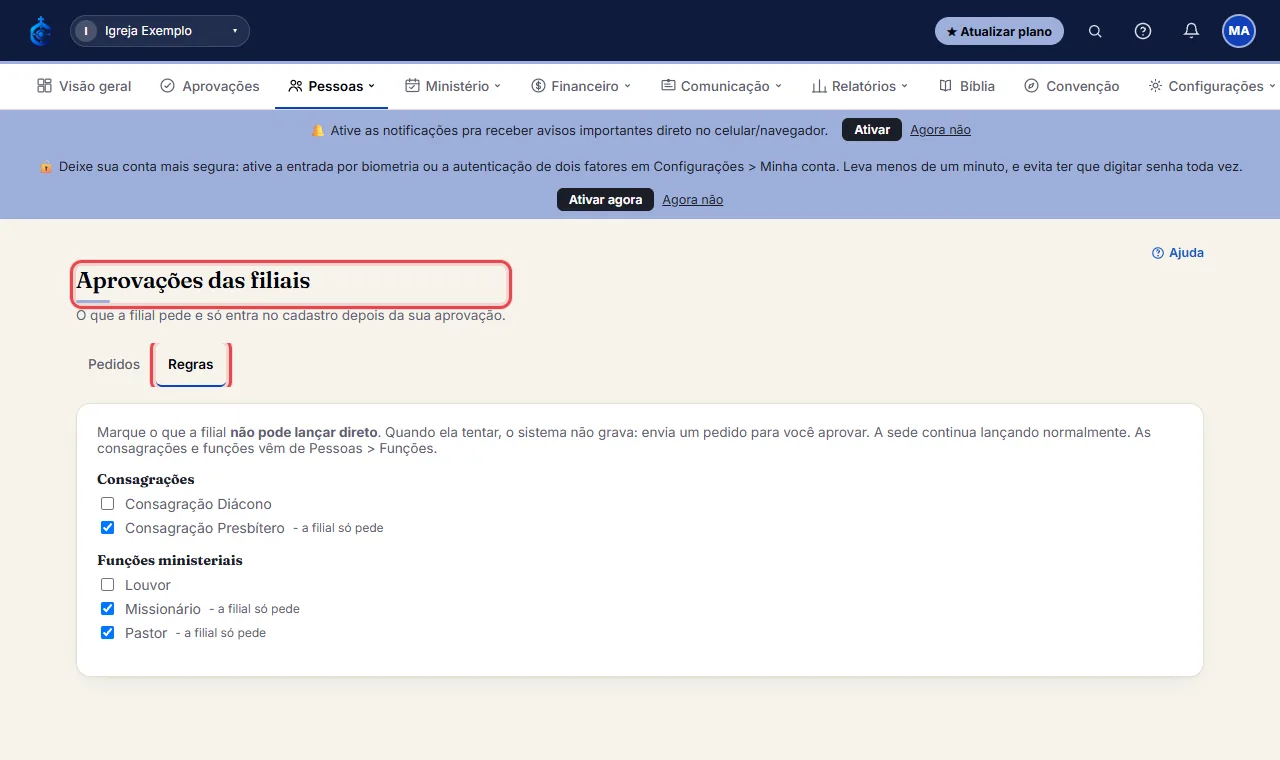 Na sede, abra Pessoas > "Aprovações das filiais" e clique na aba "Regras".