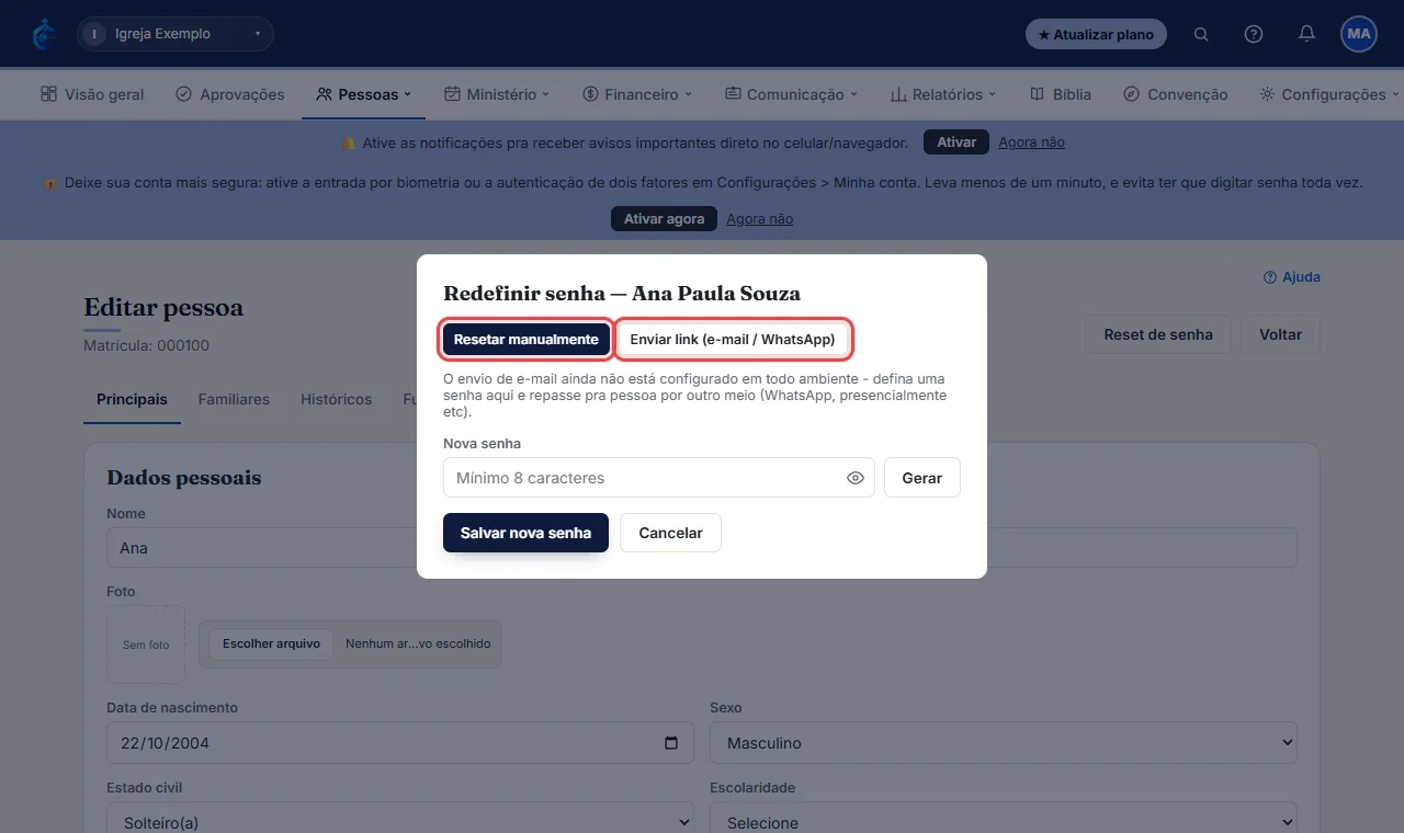 Escolha "Resetar manualmente" (você define uma senha e repassa por fora, ex: WhatsApp) ou "Enviar link (e-mail