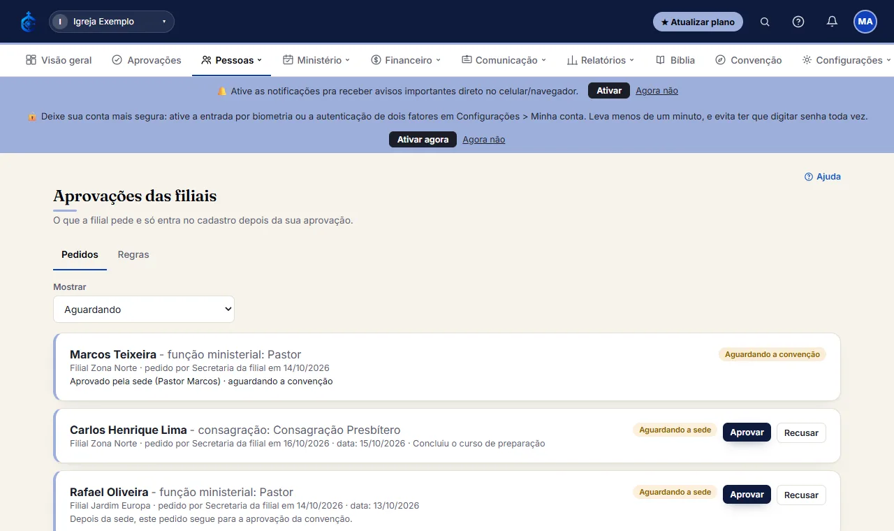 Quando a convenção exige aprovação para uma consagração ou função (por exemplo, Pastor), o lançamento na filia