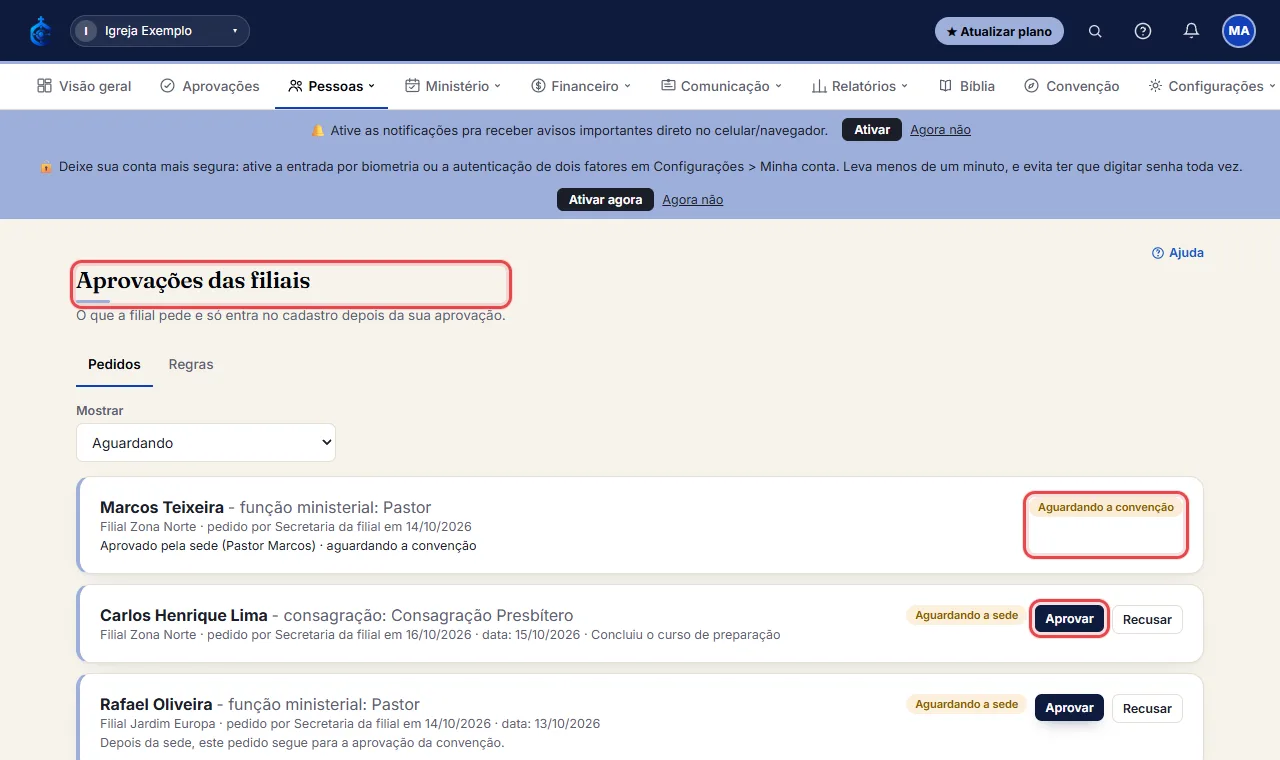 Em Pessoas > "Aprovações das filiais", a sede vê o pedido e, logo abaixo, o aviso de que depois da sede ele se