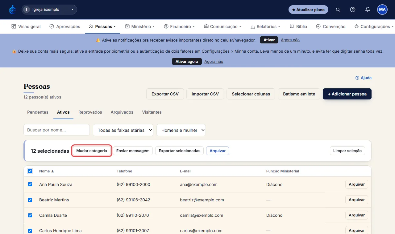 Em "Mudar categoria", escolha se vai adicionar ou tirar a categoria, qual é, e clique em "Aplicar".