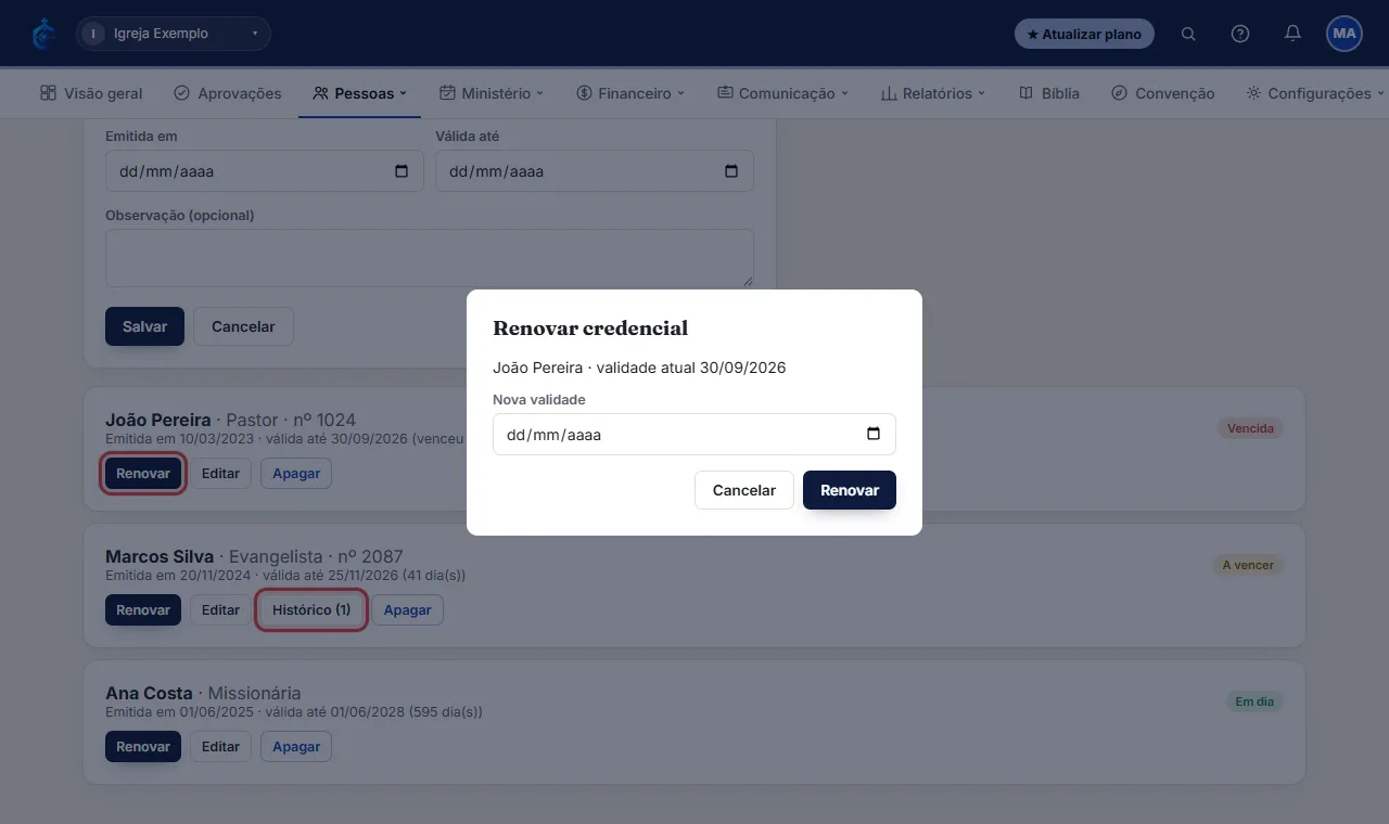 Quando a credencial for renovada, clique em "Renovar", informe a nova validade e confirme. O sistema guarda o 