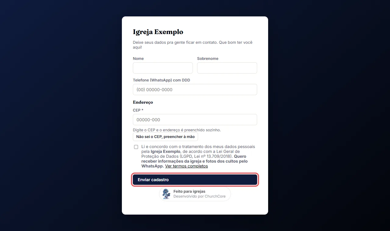 2) Quem recebe o link abre no celular, preenche nome, telefone e e-mail e envia. No endereço, a pessoa digita 