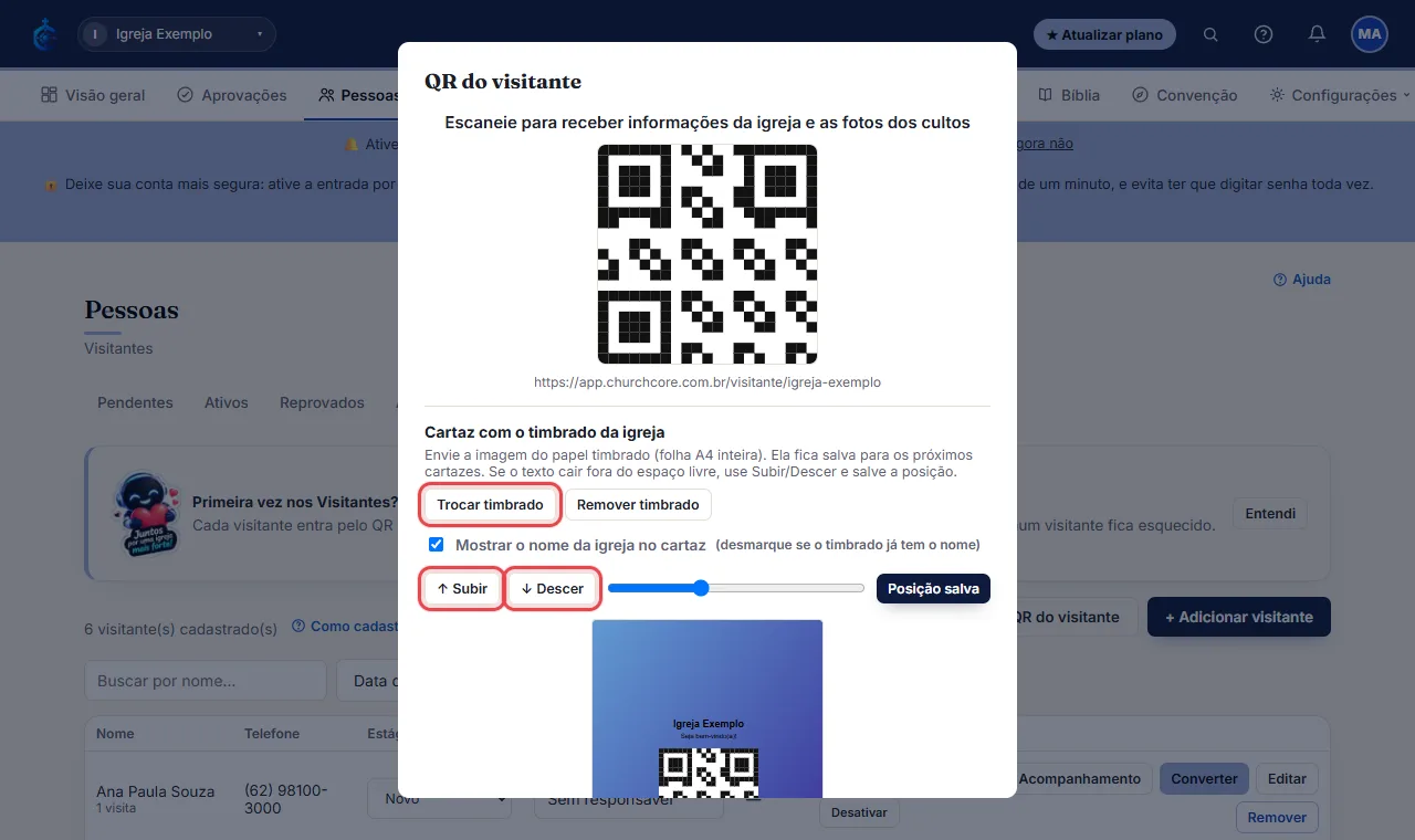 6) Se o texto/QR ficar fora do espaço livre ou torto, use "Subir" / "Descer" (ou o controle deslizante) até ac
