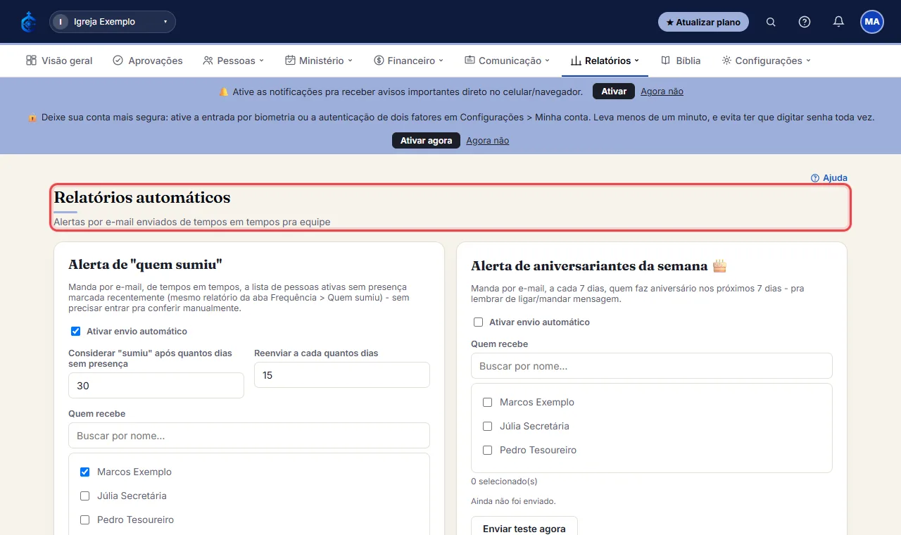 Abra "Relatórios automáticos" pelo menu superior (dropdown de Relatórios).