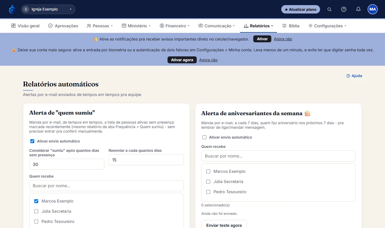Resumo mensal: assim que o mês vira, quem foi marcado recebe o relatório do mês anterior (novos membros, batis