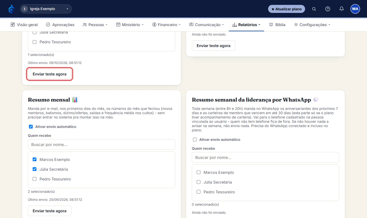 Marque quem da equipe recebe cada um, e use "Enviar teste agora" se quiser conferir antes.