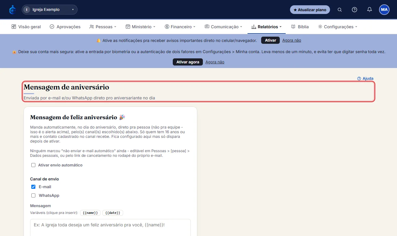 Abra "Mensagem de aniversário", "Aniversário de batismo", "Aniversário de casamento" ou "Boas-vindas ao visita