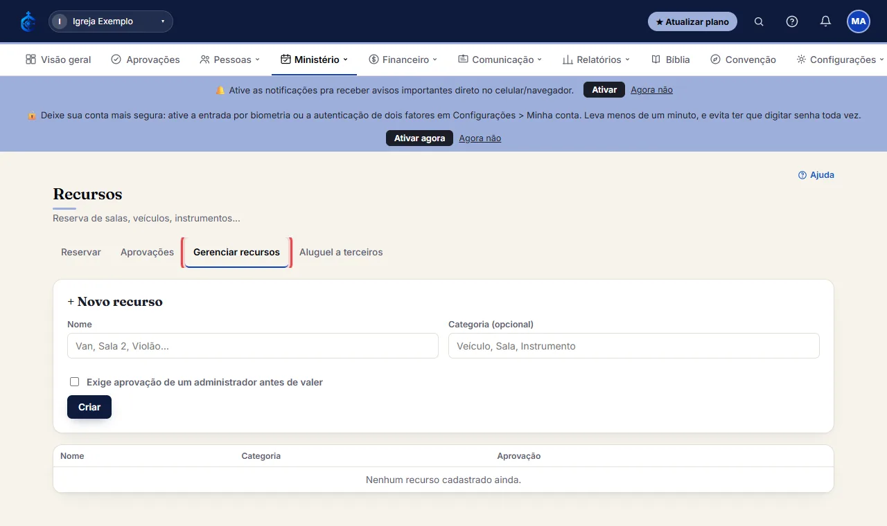 Na aba "Gerenciar recursos", preencha Nome e, se quiser, Categoria (ex: Veículo, Sala, Instrumento).