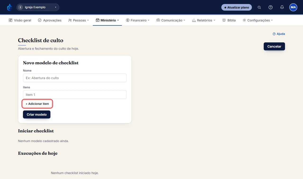 Preencha o Nome e cada Item (use "+ Adicionar item" pra mais linhas).