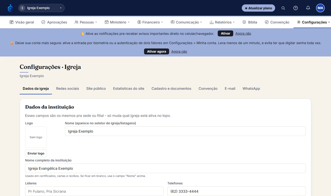 Isso bloqueia novos cadastros e mudanças de usuário/permissão nesta igreja (não bloqueia consultar dados, gera