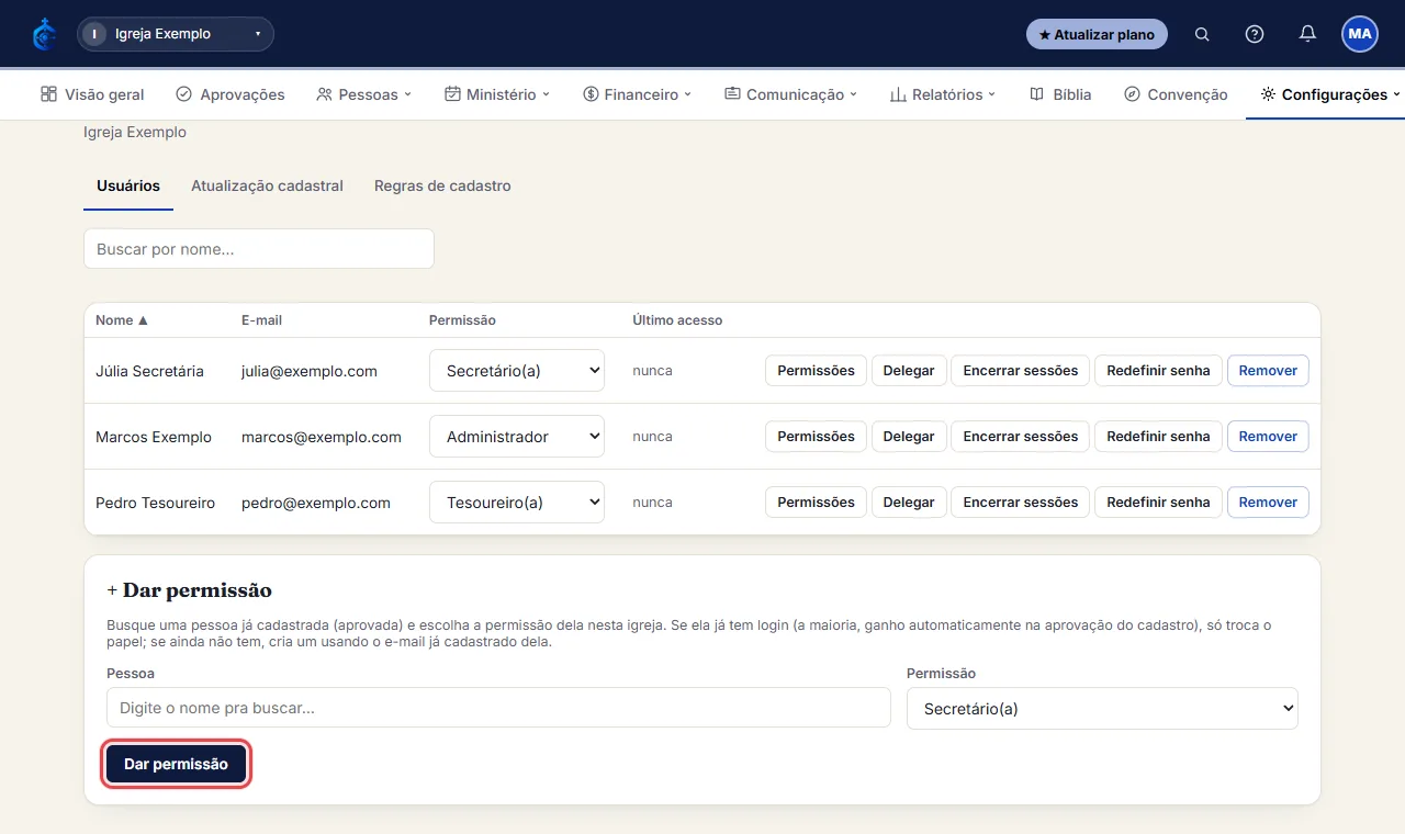 Clique em "Dar permissão" - se ela ainda não tinha login, um é criado sozinho com o e-mail já cadastrado (a se