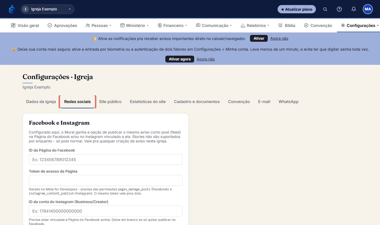 Na aba "Redes sociais", preencha o ID da Página do Facebook e o Token de acesso (gerado no Meta for Developers