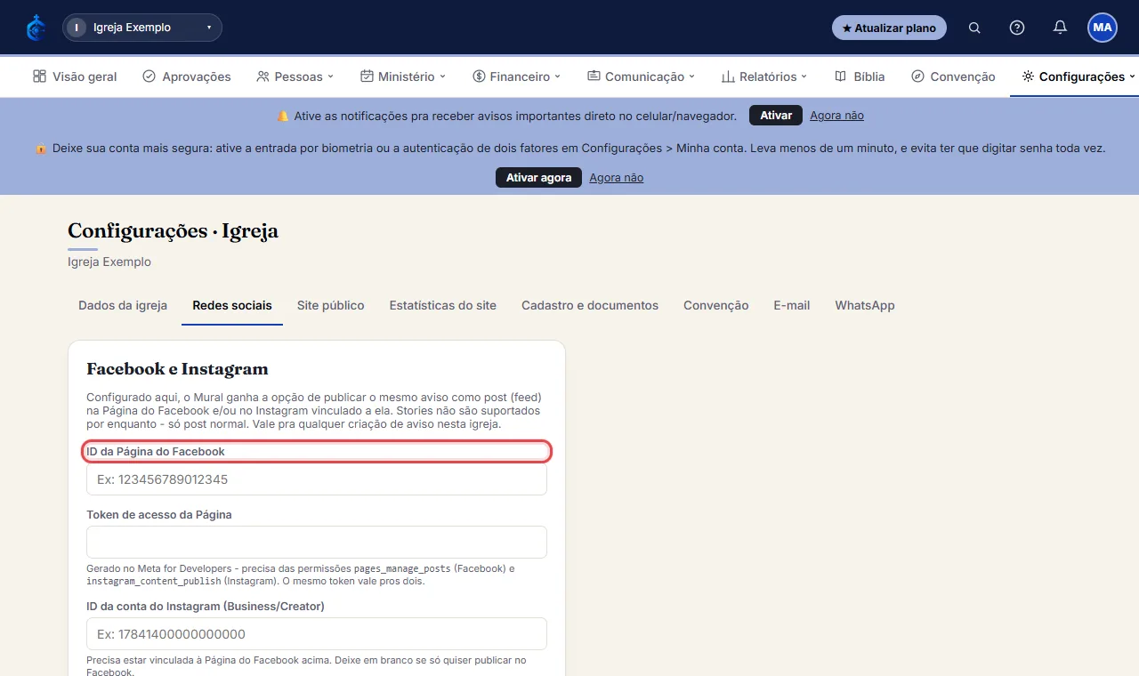 Se quiser publicar no Instagram também, preencha o ID da conta (precisa estar vinculada à mesma Página do Face