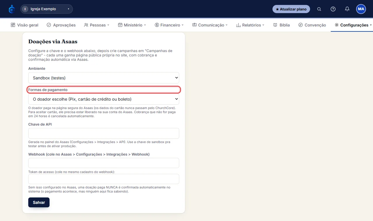 Em "Formas de pagamento", escolha se o doador escolhe entre Pix, cartão de crédito ou boleto, ou se a igreja a