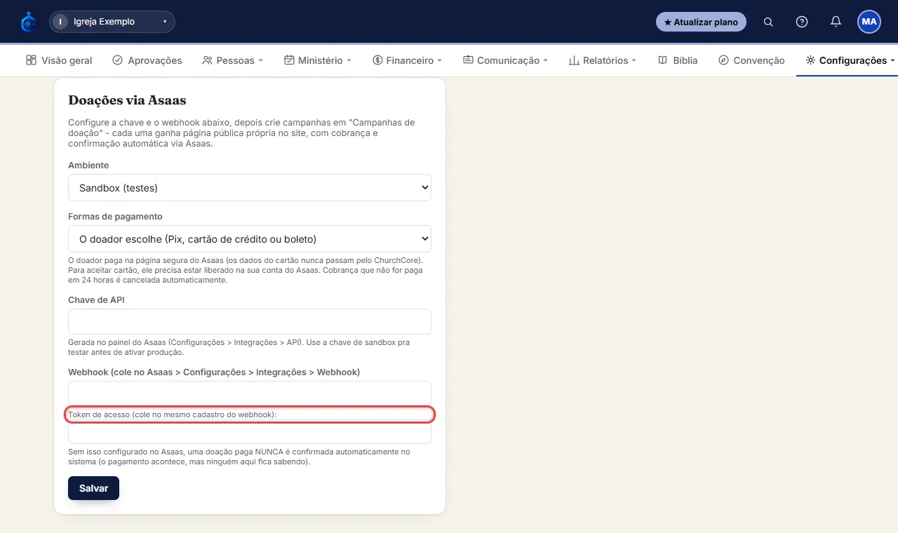 Copie o campo "Webhook" e o "Token de acesso" daqui e cole em [Asaas](https://www.asaas.com) > Configurações >