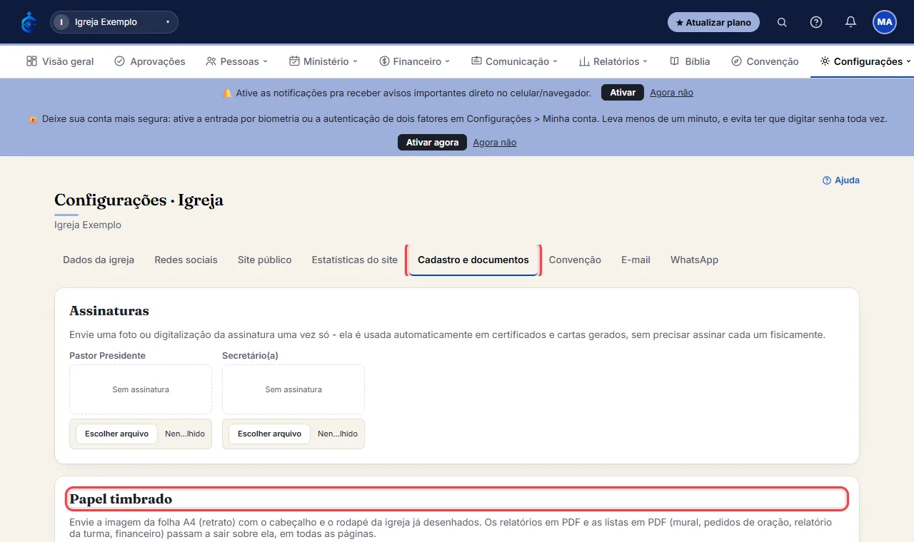 Abra Configurações > "Cadastro e documentos" e role até o cartão "Papel timbrado".