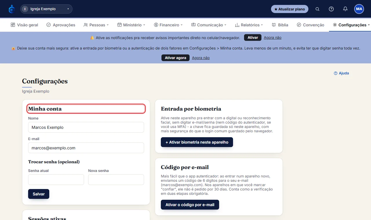 Abra Configurações > "Minha conta" e role até o cartão "O que avisar".