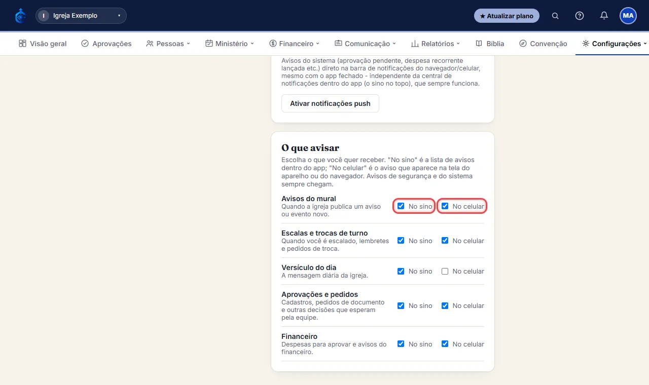 Para cada tipo (avisos do mural, escalas e trocas, versículo do dia, aprovações, financeiro), marque "No sino"