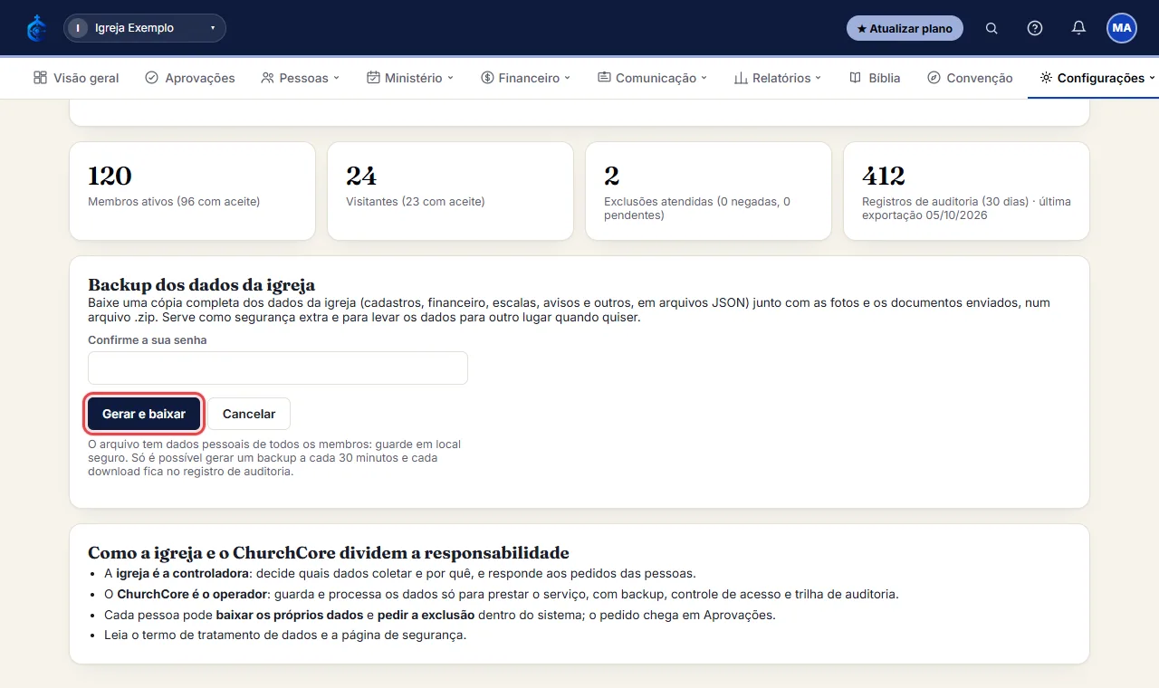 Clique em "Baixar backup completo" e confirme a sua senha. Clique em "Gerar e baixar".