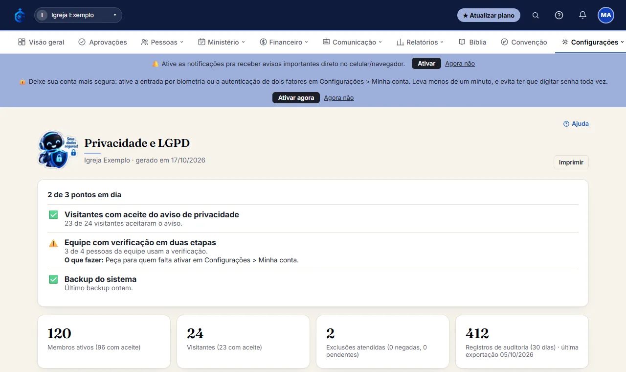 O download de um arquivo .zip começa sozinho. Dentro dele estão os dados da igreja (cadastros, financeiro, esc
