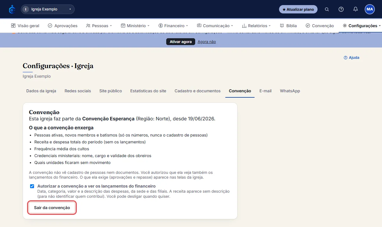 Depois de aceitar, a mesma tela mostra a convenção e a região, e o botão "Sair da convenção". Sair é livre: a 