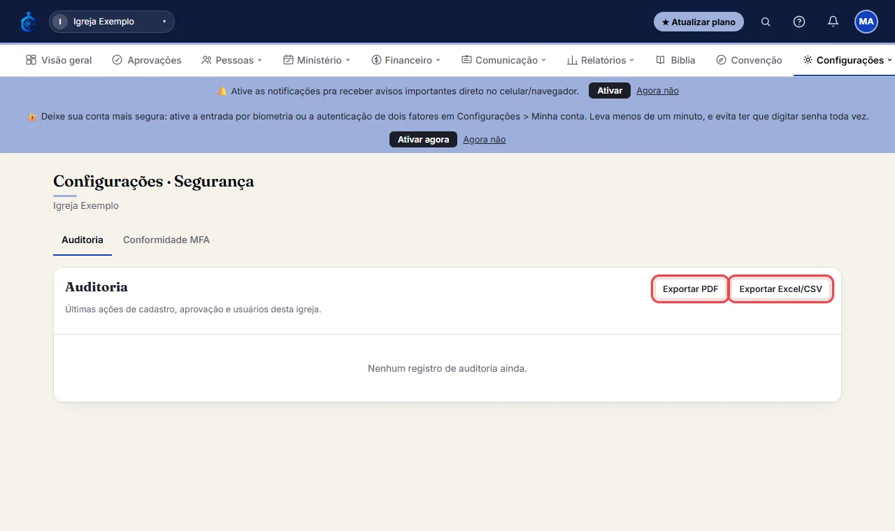 O histórico vem em páginas de 15 registros: use "Próxima →" e "← Anterior" no rodapé da lista para ver o mais 