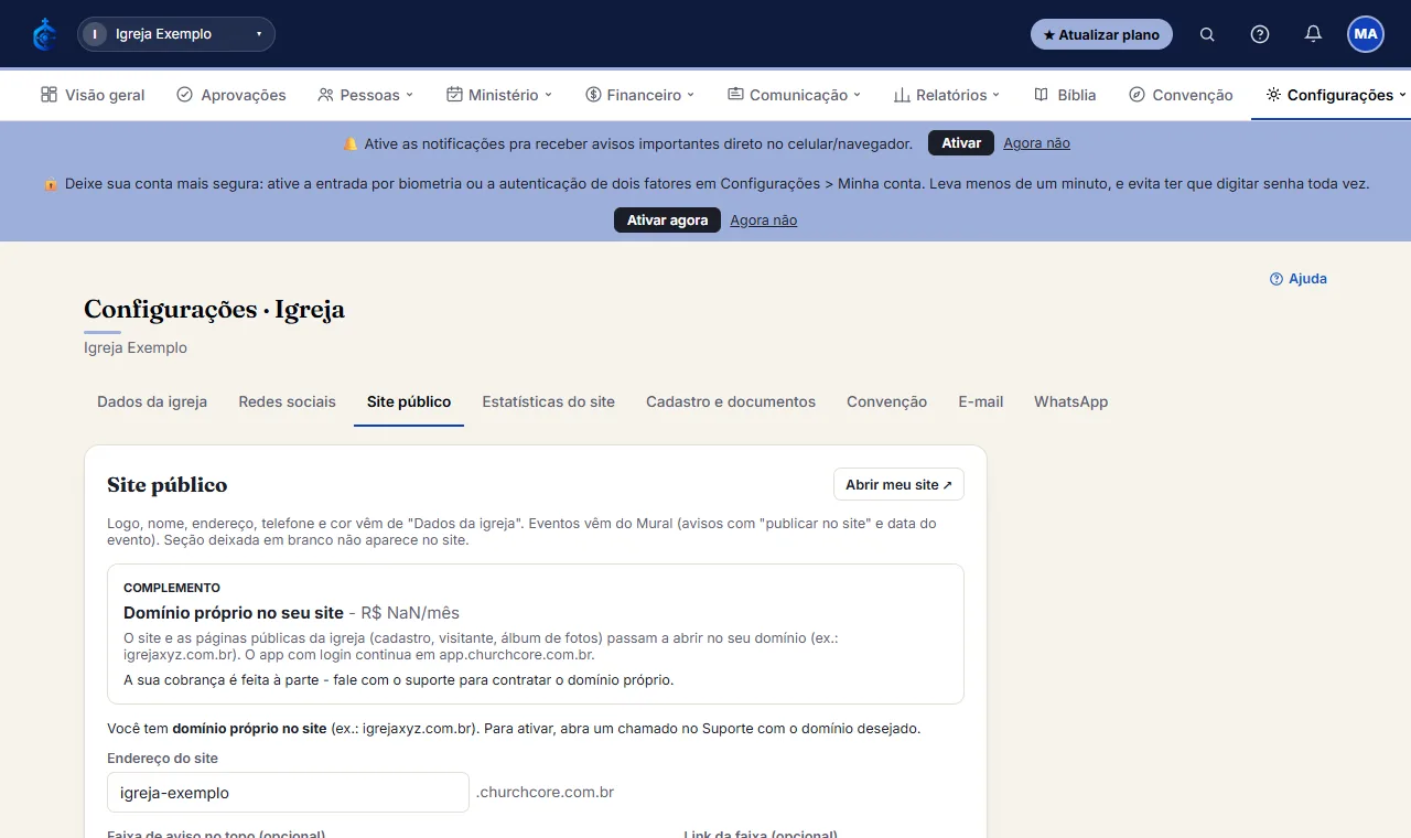 Cada filial pode ter o próprio site: troque para a filial no seletor do topo. Domínio próprio (ex.: igrejaxyz.