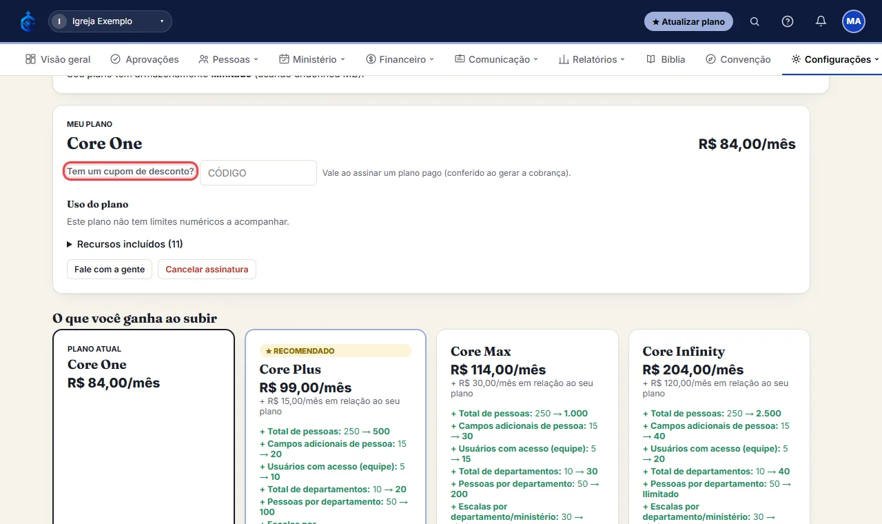 Tem um cupom de desconto? Digite o código em "Tem um cupom de desconto?" antes de escolher o plano. Ele vale a