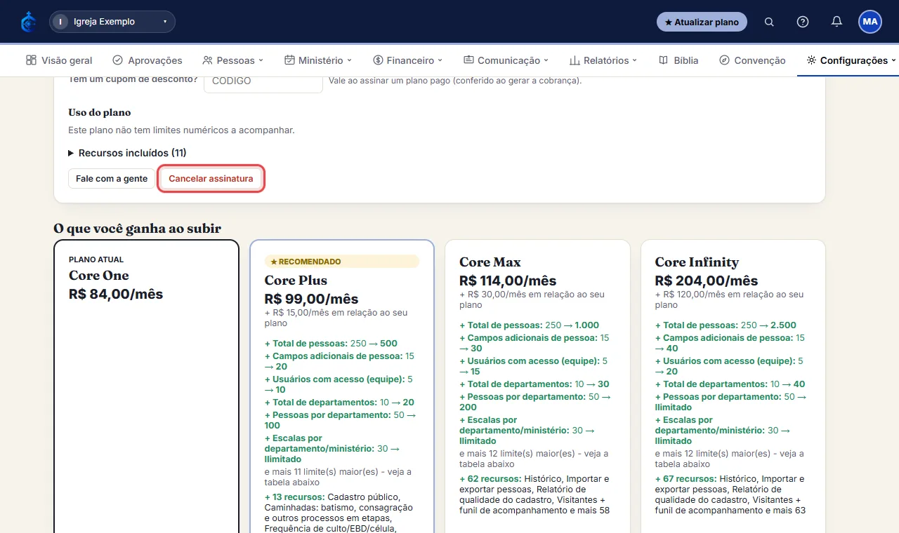Pra cancelar a assinatura, use "Cancelar assinatura" nessa mesma tela - o sistema mostra o que acontece antes 