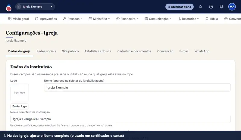 Editar os dados da igreja
